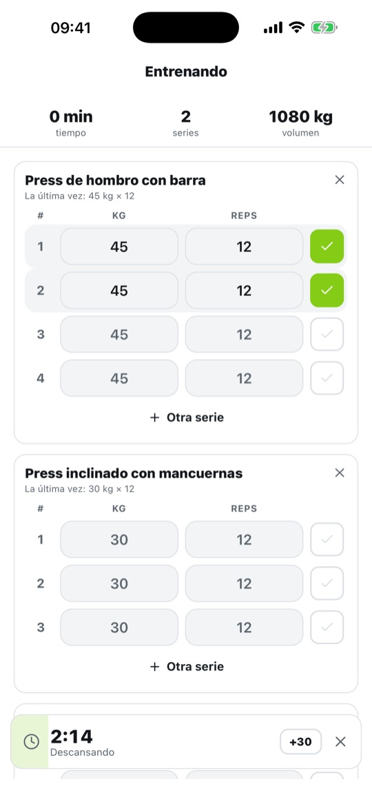 TuEntrenamiento: pantalla 2