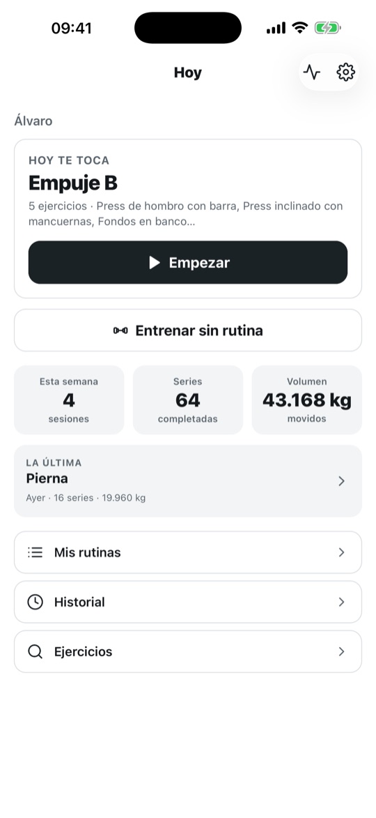 Pantalla principal de TuEntrenamiento